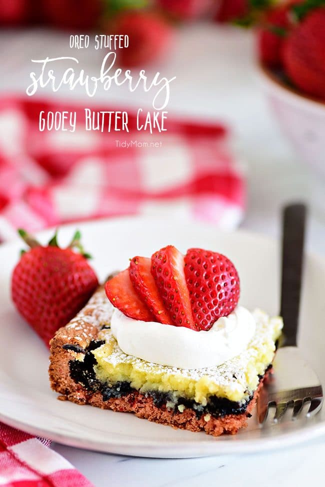  Strawberry Gooey Butter Cake on plate with fork