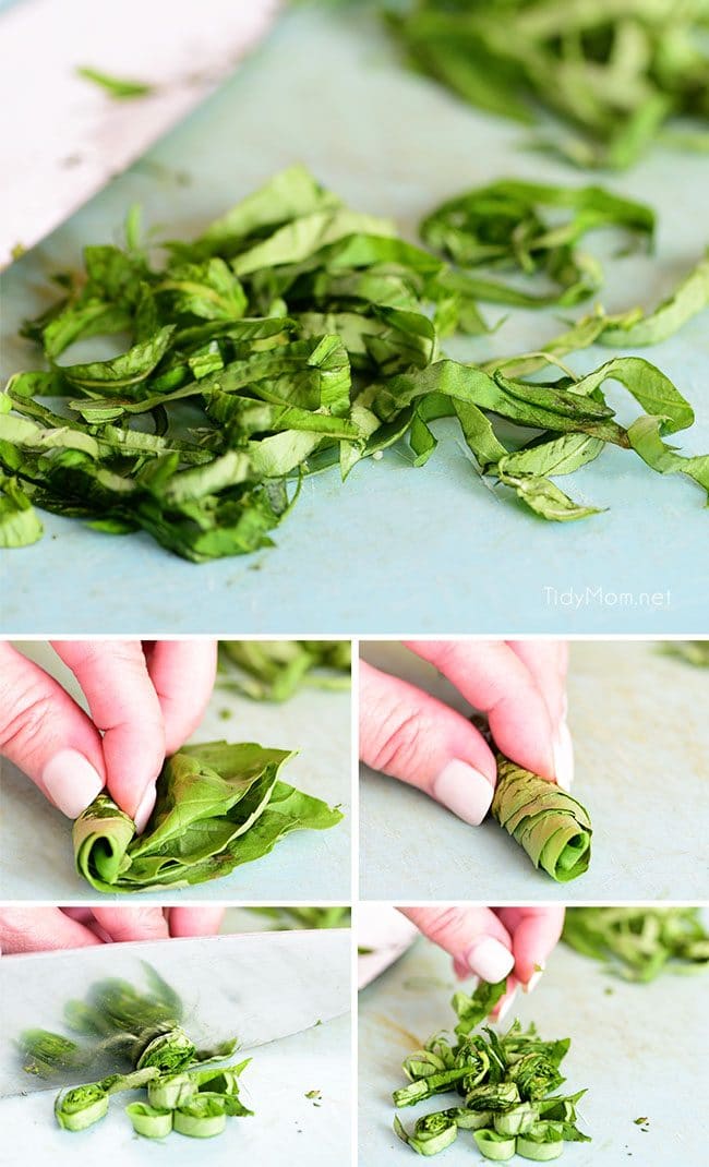 how to cut basil into chiffonade, strips or ribbons