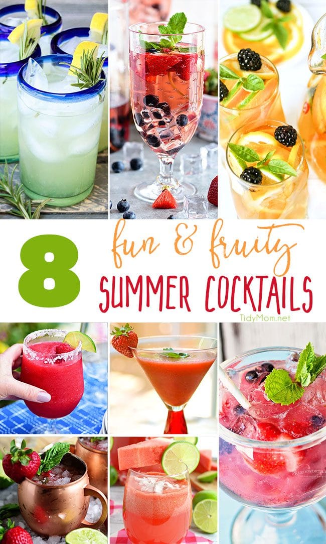 There's no doubt that these fun and fruity summer cocktails recipes will make you want to grab a good book or a few friends and relax by the pool all season long. Visit TidyMom.net for all the cocktail recipes.