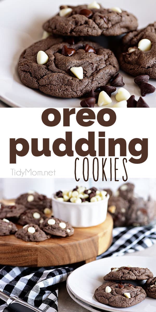 Amazing Cookies and Cream Oreo Pudding Cookies - So soft and incredibly easy to make. You'll love the burst of cookies and cream flavor in every bite! Print the full recipe at Tidymom.net #cookie #oreopudding #cookiesandcream