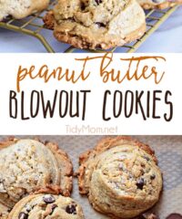 Peanut Butter Blowout Cookies are loaded with peanut butter, chocolate chips, peanut butter cups and honey roasted peanuts. Print the full recipe at TidyMom.net