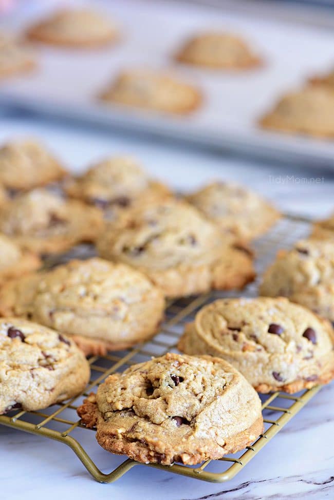 Peanut Butter Blowout Cookies are loaded with peanut butter, chocolate chips, peanut butter cups and honey roasted peanuts. Print the full recipe at TidyMom.net