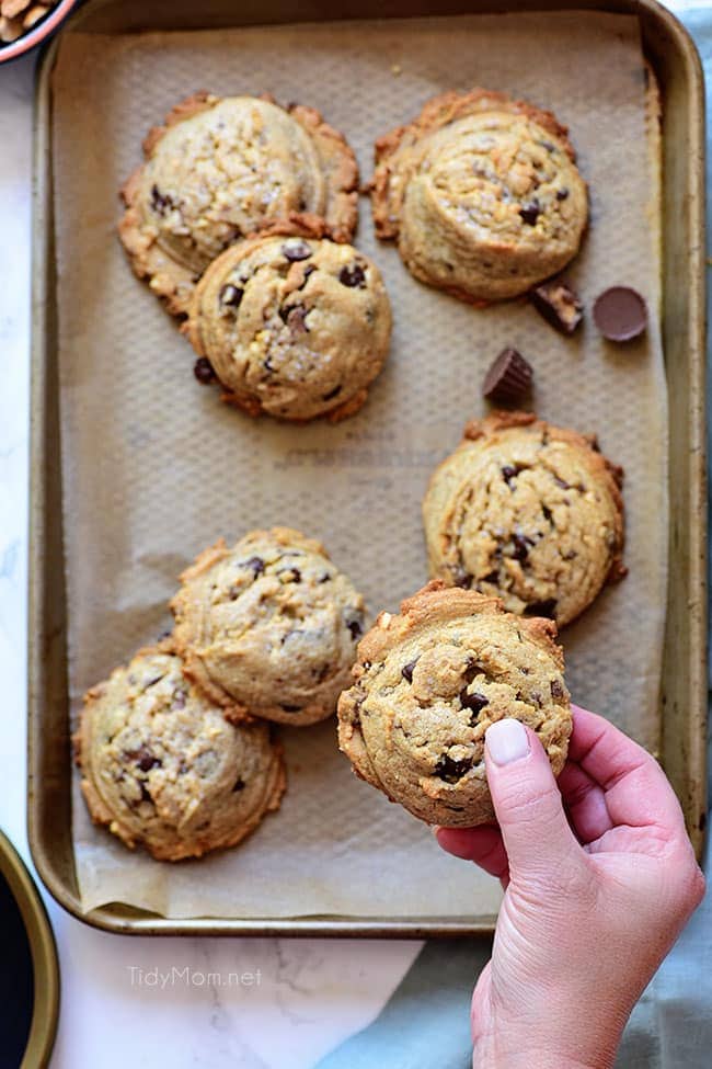 A close-up of a Peanut Butter Blowout Cookie ready to eat