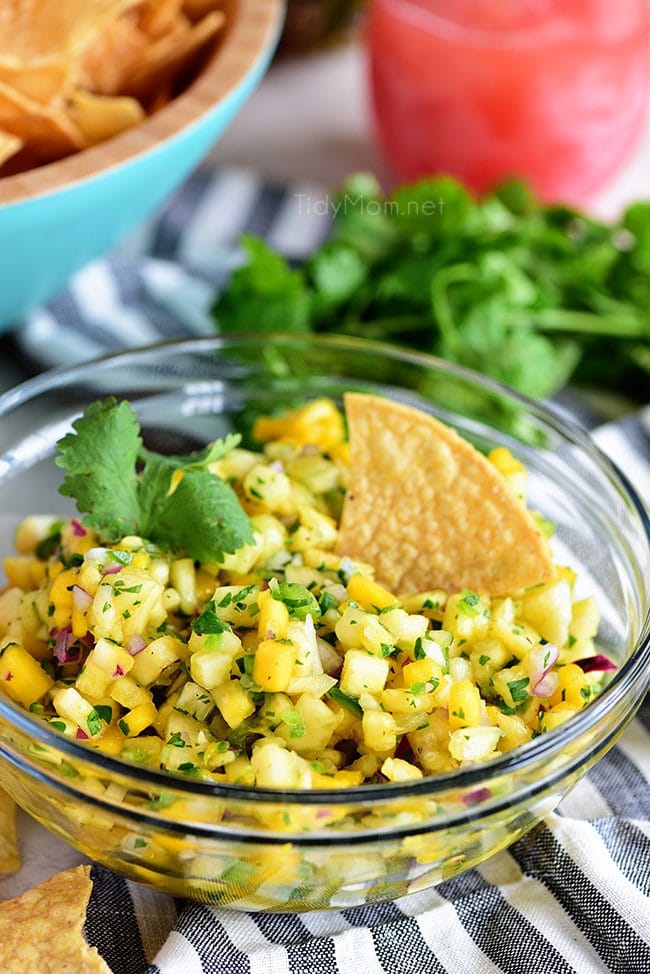 A tropical fruit salsa with a kick of jalapeno that will knock your socks off! This Pineapple Mango Salsa recipe is the perfect addition to any chicken, pork, fish, or tacos. Print full recipe at TidyMom.net