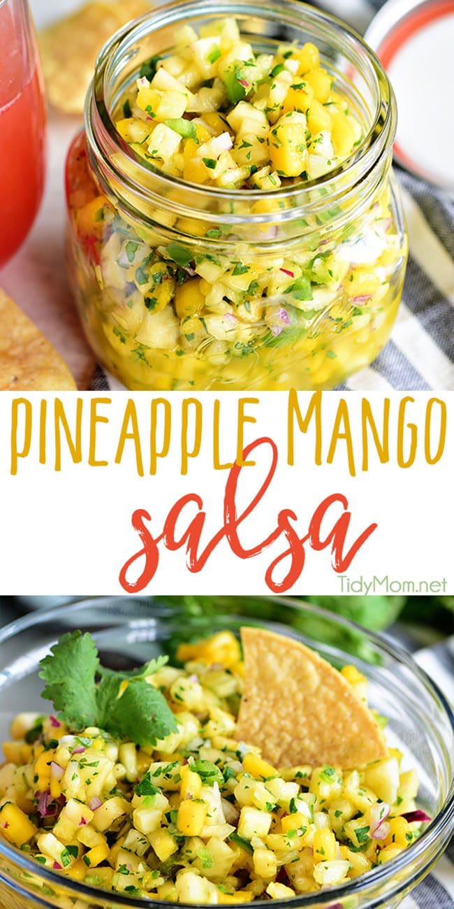 A tropical fruit salsa with a kick of jalapeno that will knock your socks off! This Pineapple Mango Salsa recipe is the perfect addition to any chicken, pork, fish, or tacos. Print full recipe at TidyMom.net