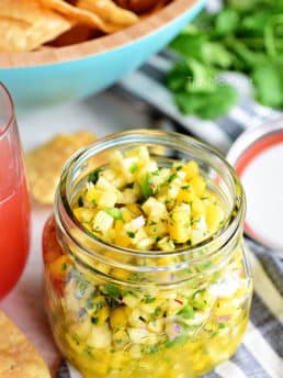 A tropical fruit salsa with a kick of jalapeno that will knock your socks off! This Pineapple Mango Salsa recipe is the perfect addition to any chicken, pork, fish, or tacos. Print full recipe at TidyMom.net