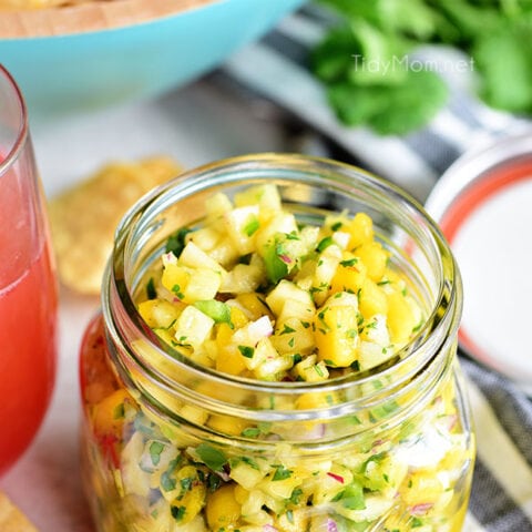 A tropical fruit salsa with a kick of jalapeno that will knock your socks off! This Pineapple Mango Salsa recipe is the perfect addition to any chicken, pork, fish, or tacos. Print full recipe at TidyMom.net