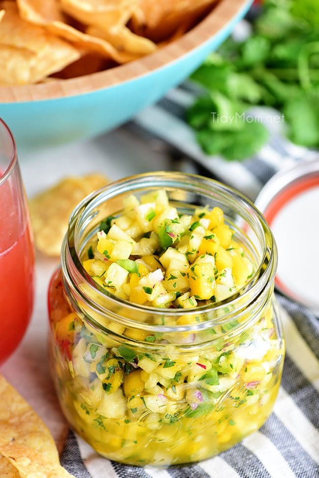 A tropical fruit salsa with a kick of jalapeno that will knock your socks off! This Pineapple Mango Salsa recipe is the perfect addition to any chicken, pork, fish, or tacos. Print full recipe at TidyMom.net