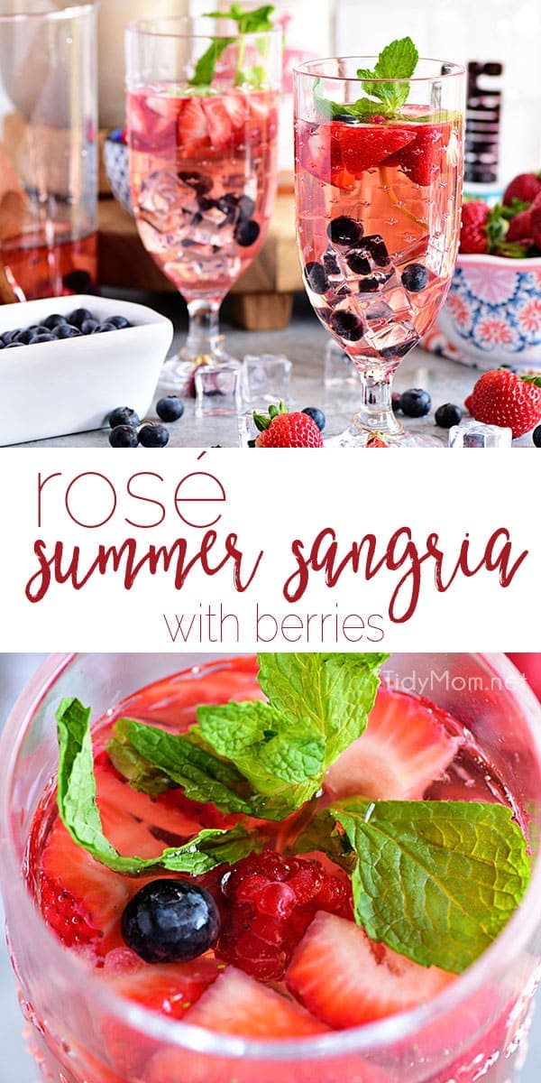 This quick and simple Rosé Summer Sangria is perfect for cooling off in the summer heat. Wow your guests by serving sangria made with fresh berries, rosé wine, and kicked up with white rum at your next party or BBQ. Print full recipe at TidyMom.net #cocktail #sangria #rosé #wine #strawberry