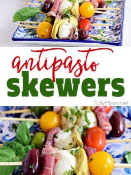 Wow your guests with bright and flavorful antipasto skewers. An easy make-ahead appetizer with a new delicious discovery in every bite. Perfect for any occasion, this party food comes together fast and is endlessly customizable. Print the recipe at TidyMom.net