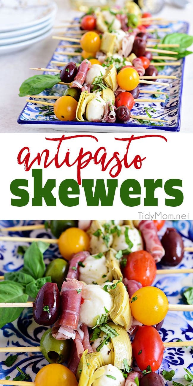 Wow your guests with bright and flavorful antipasto skewers. An easy make-ahead appetizer with a new delicious discovery in every bite. Perfect for any occasion, this party food comes together fast and is endlessly customizable. Print the recipe at TidyMom.net