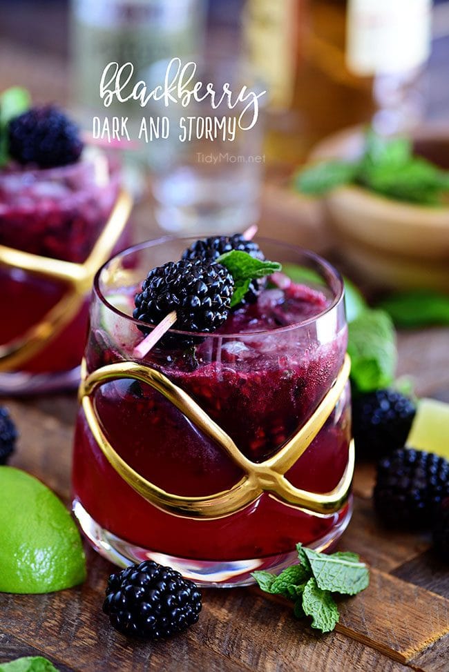 Prepare yourself for the weekend with a refreshing Blackberry Dark and Stormy. Light and fruity, and just boozy enough to make the perfect summer drink. Print the full recipe at TidyMom.net #cocktail #blackberry #rum #gingerbeer #darkandstormy