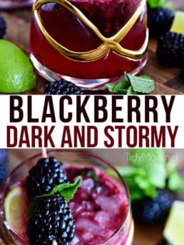 Prepare yourself for the weekend with a refreshing Blackberry Dark and Stormy. Light and fruity, and just boozy enough to make the perfect summer drink. Print the full recipe at TidyMom.net #cocktail #blackberry #rum #gingerbeer #darkandstormy