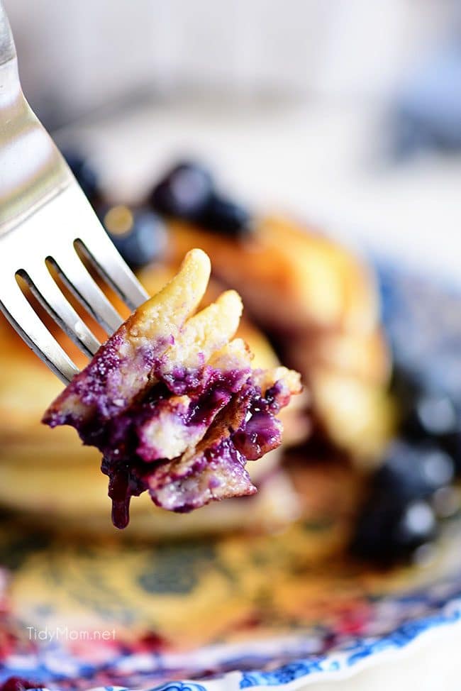 The Best Homemade Blueberry Pancakes on a fork