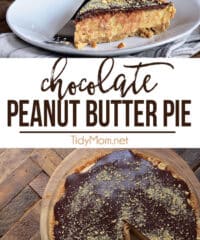 Chocolate Peanut Butter Pie photo collage - a slice of pie on a plate and the whole pie in a glass pie plate.