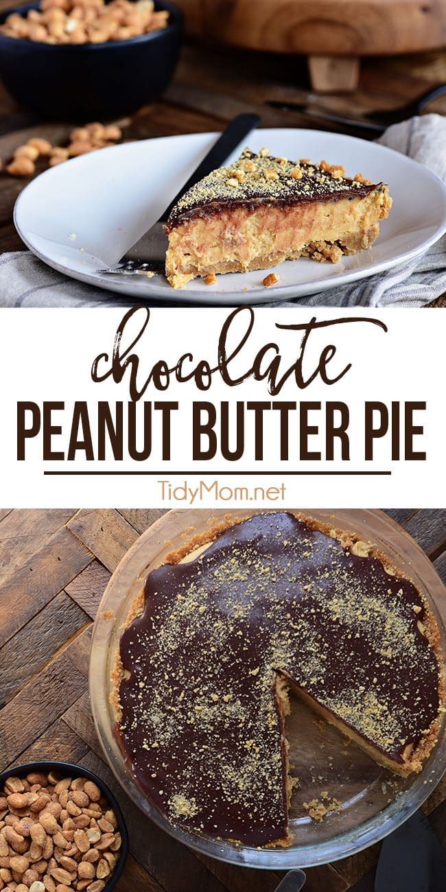 Every other pie out there is going to be jealous of this Chocolate Peanut Butter Pie. From the graham cracker crust to the peanut butter filling, topped off with a chocolate ganache, this chocolate peanut butter pie has it all! Print full recipe at TidyMom.net #pie #peanutbutter #chocolate #peanutbutterpie #dessert