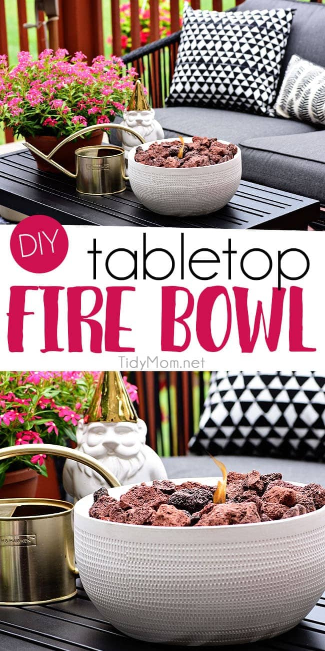 Not everyone has the space for a full size fire pit, but this DIY tabletop fire bowl is the perfect solution. With just a few supplies and a few minutes you can have the warmth and ambiance of a fire pit on your deck or patio. Get the full tutorial at TidyMom.net