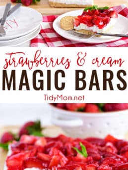 STRAWBERRIES AND CREAM MAGIC BARS served on a white plate