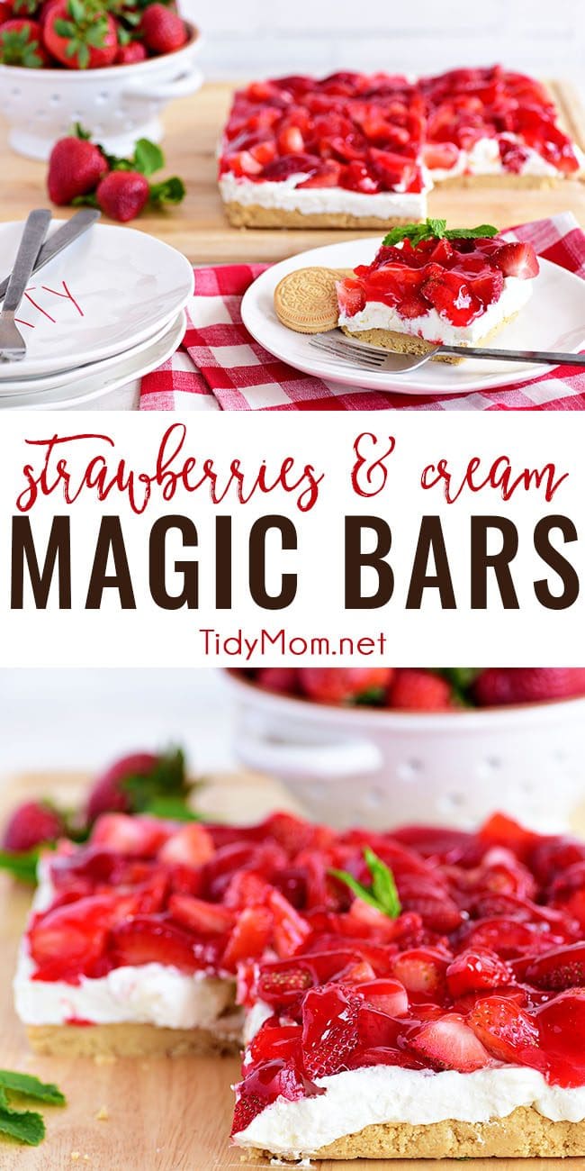 Strawberries and Cream Magic Bars made with fresh glazed strawberries and a sweet cream cheese layer with a Golden Oreo cookie crust! Chill for a tasty summer dessert!  Print the full recipe at TidyMom.net #strawberry #magicbars #dessert