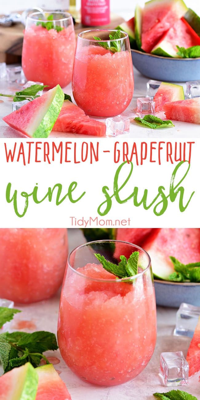 Take your bottle of Riesling to the next level with this recipe for a Watermelon Grapefruit Wine Slush. It's the backyard BBQ drink of the summer. Print full recipe at TidyMom.net #wine #slush #wineslush #watermelon #grapefruit #cocktail