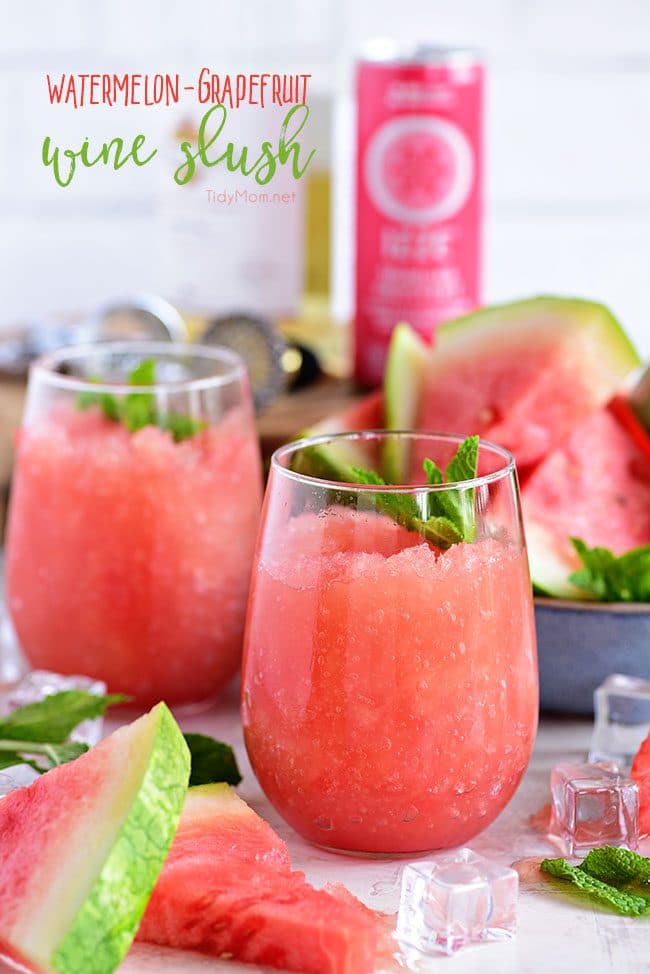 Take your bottle of Riesling to the next level with this recipe for a Watermelon Grapefruit Wine Slush. It's the backyard BBQ drink of the summer. Print full recipe at TidyMom.net #wine #slush #wineslush #watermelon #grapefruit #cocktail