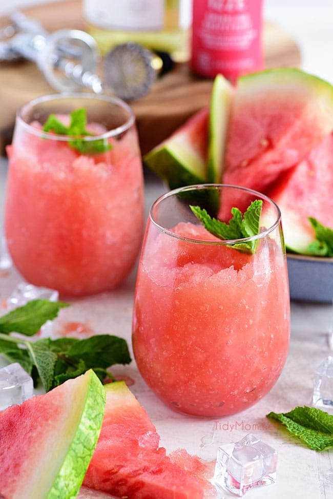 fresh Watermelon  and Grapefruit Wine Slush in stemless wine glasses.