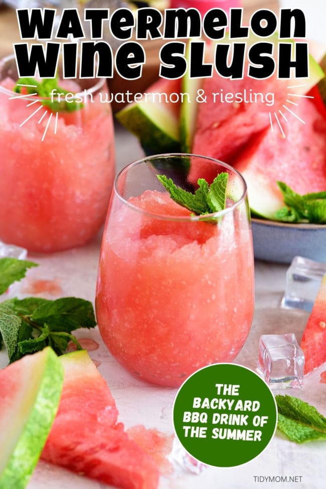 wine slushies with fresh watermelon in stemless wine glasses