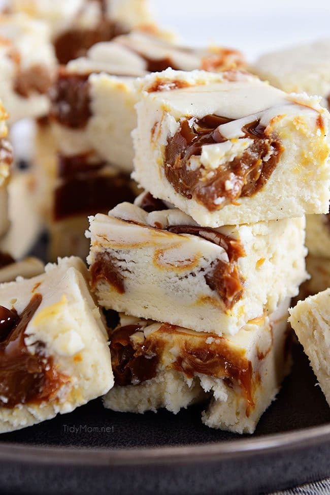 Baileys Fudge Recipe has the perfect balance of vanilla bean and irish cream with a sweet caramel swirled in! 