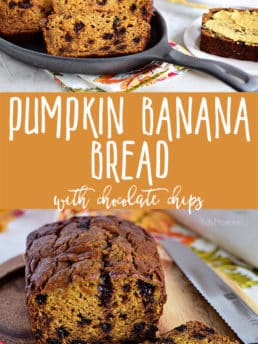 The aroma when this Chocolate Chip Pumpkin Banana Bread comes out of the oven is nothing short of heaven! This is the quick bread recipe every pumpkin spice lover needs! It’s perfect for dessert, breakfast, gifting or just snacking! Print the full recipe at TidyMom.net #banana #pumpkin #bananabread #pumpkinbread #quickbread