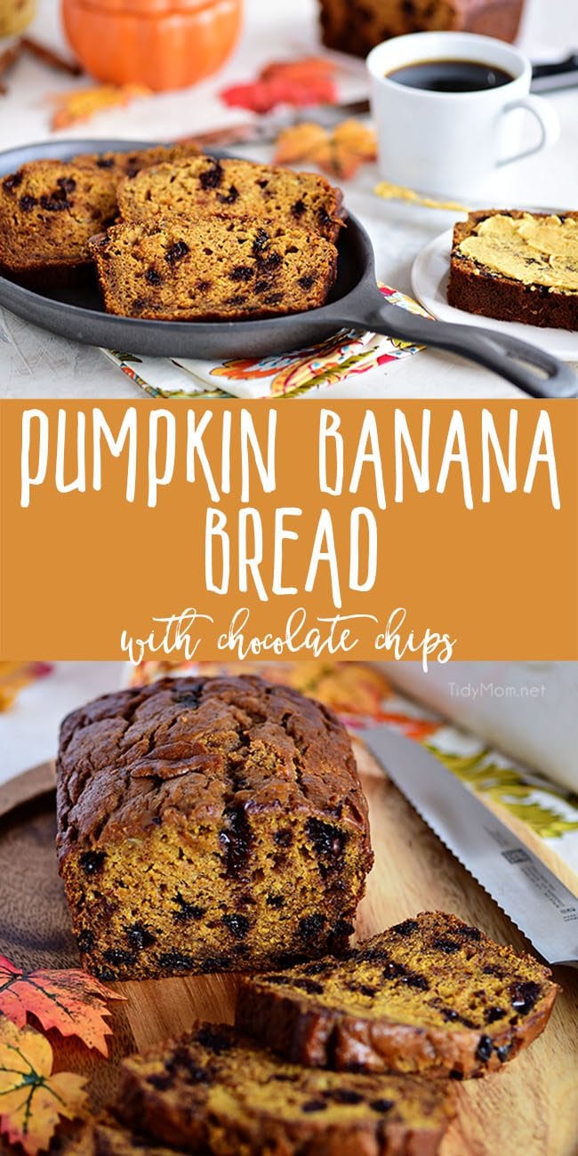 The aroma when this Chocolate Chip Pumpkin Banana Bread comes out of the oven is nothing short of heaven! This is the quick bread recipe every pumpkin spice lover needs! It’s perfect for dessert, breakfast, gifting or just snacking! Print the full recipe at TidyMom.net #banana #pumpkin #bananabread #pumpkinbread #quickbread