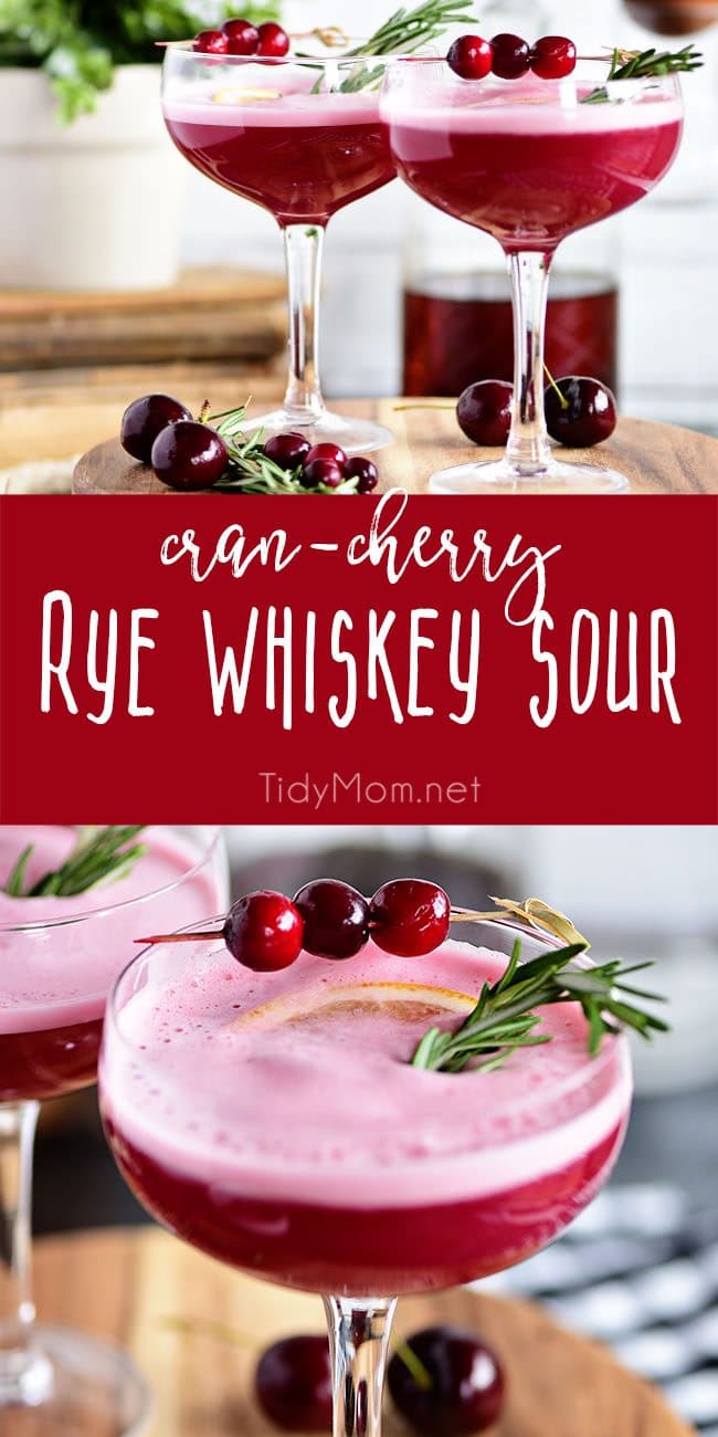 The fruity cherry and cranberry notes in this Cran-Cherry Rye Whiskey Sour Cocktail complement the spicy rye and tone down its bite.  An egg white in my cocktail? You betcha! Utterly the perfect cocktail for winter or any time of year. Get the full recipe at TidyMom.net #cocktail #cocktails #whiskeysour #cranberry #cherry #rye