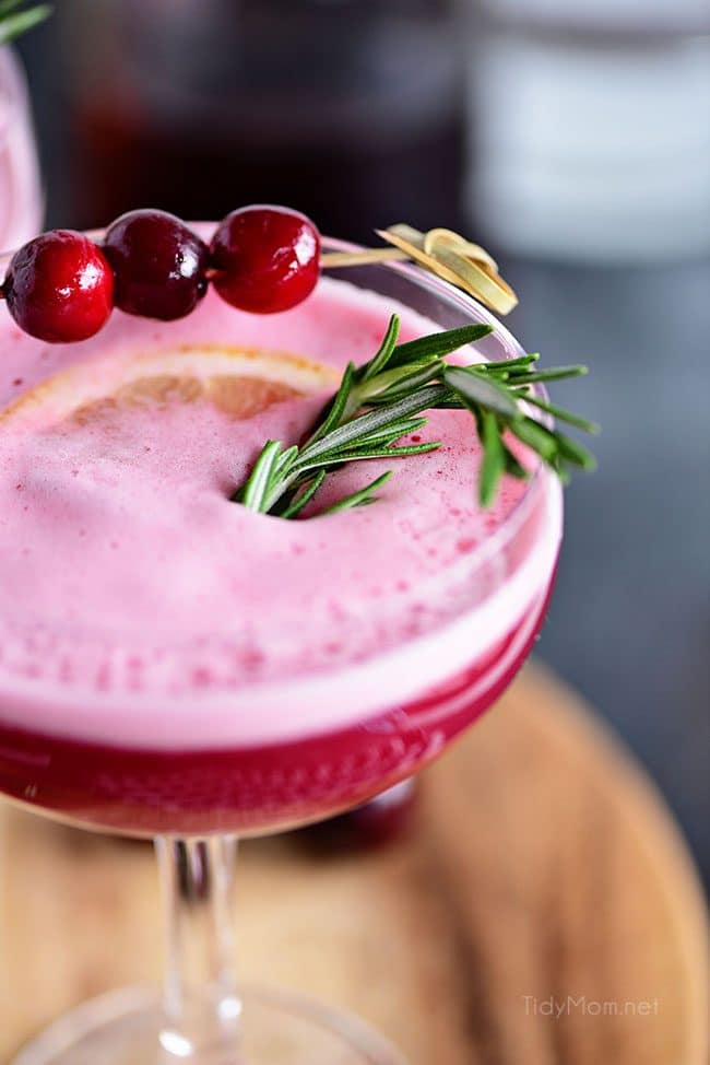 The fruity cherry and cranberry notes in this Cran-Cherry Rye Whiskey Sour Cocktail complement the spicy rye and tone down its bite.  An egg white in my cocktail? You betcha! The perfect cocktail for any time of year