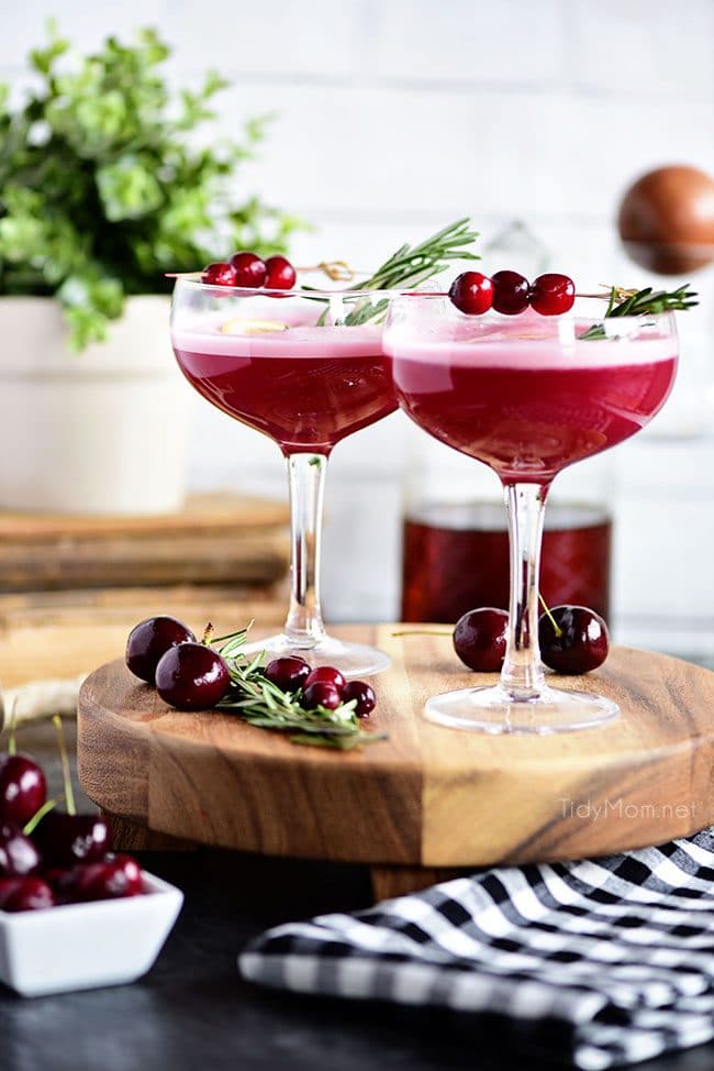 The fruity cherry and cranberry notes in this Cran-Cherry Rye Whiskey Sour Cocktail complement the spicy rye and tone down its bite.  An egg white in my cocktail? You betcha! Utterly the perfect cocktail for winter or any time of year.