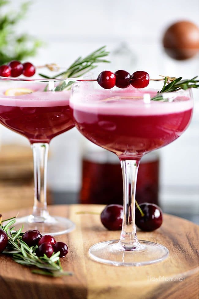 The fruity cherry and cranberry notes in this Cran-Cherry Rye Whiskey Sour Cocktail complement the spicy rye and tone down its bite.  An egg white in my cocktail? You betcha! Utterly the perfect cocktail any time of year.