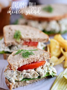 Creamy Dill Chicken Salad sandwich cut in half