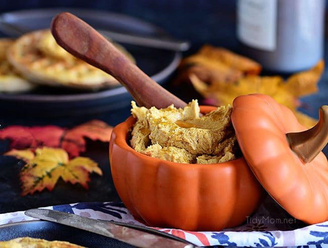 Pumpkin Spice Butter Spread has all your favorite fall spices whipped into a creamy fluffy honey butter spread for bread, waffles, pancakes and more.