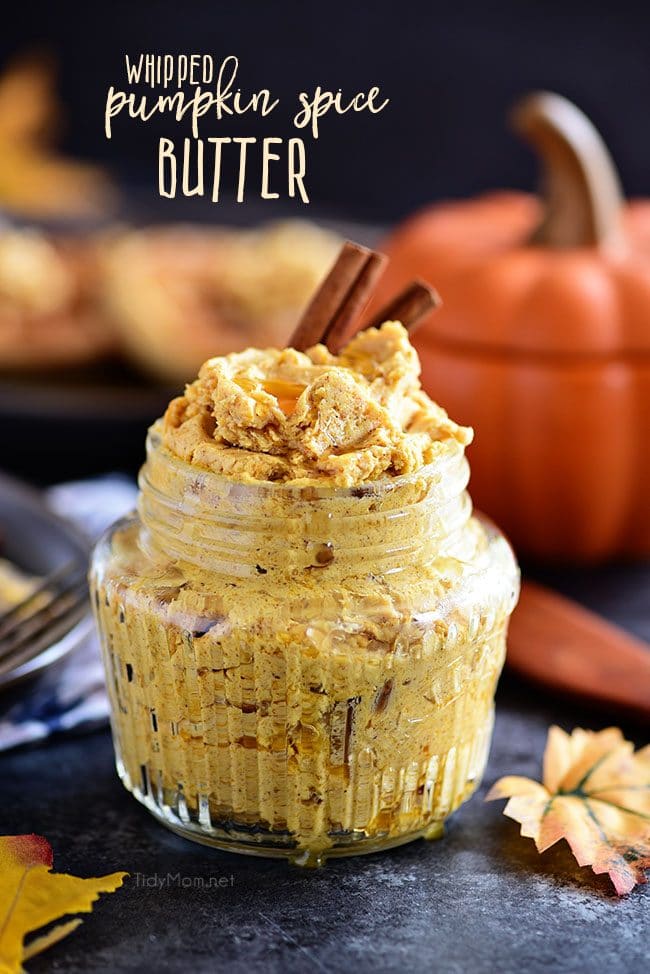 Pumpkin Spice Butter Spread has all your favorite fall spices whipped into a creamy fluffy spread for bread, waffles, pancakes and more. From breakfast to dinner, make sure you have plenty of this butter on hand because it's sure to go fast at all of your fall feasts. Print the full recipe at TidyMom.net #pumpkin #pumpkinspice #honeybutter