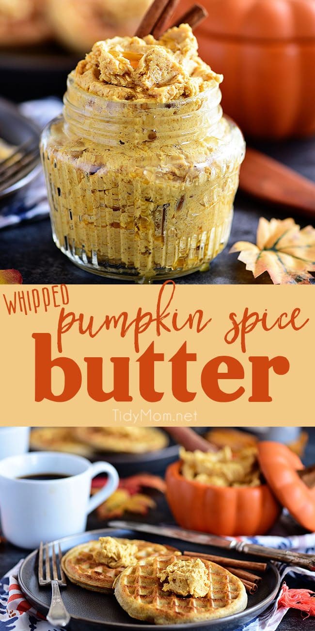 Pumpkin Spice Butter Spread has all your favorite fall spices + honey whipped into a creamy fluffy spread for bread, waffles, pancakes and more. Print the full recipe at TidyMom.net #pumpkin #pumpkinspice #honeybutter