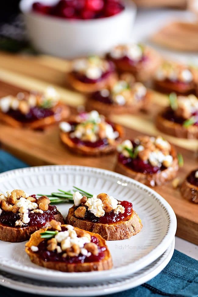 Cranberry Walnut Sweet Potato Rounds on plate and board
