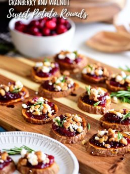 Cranberry Walnut Sweet Potato Rounds on wooden tray