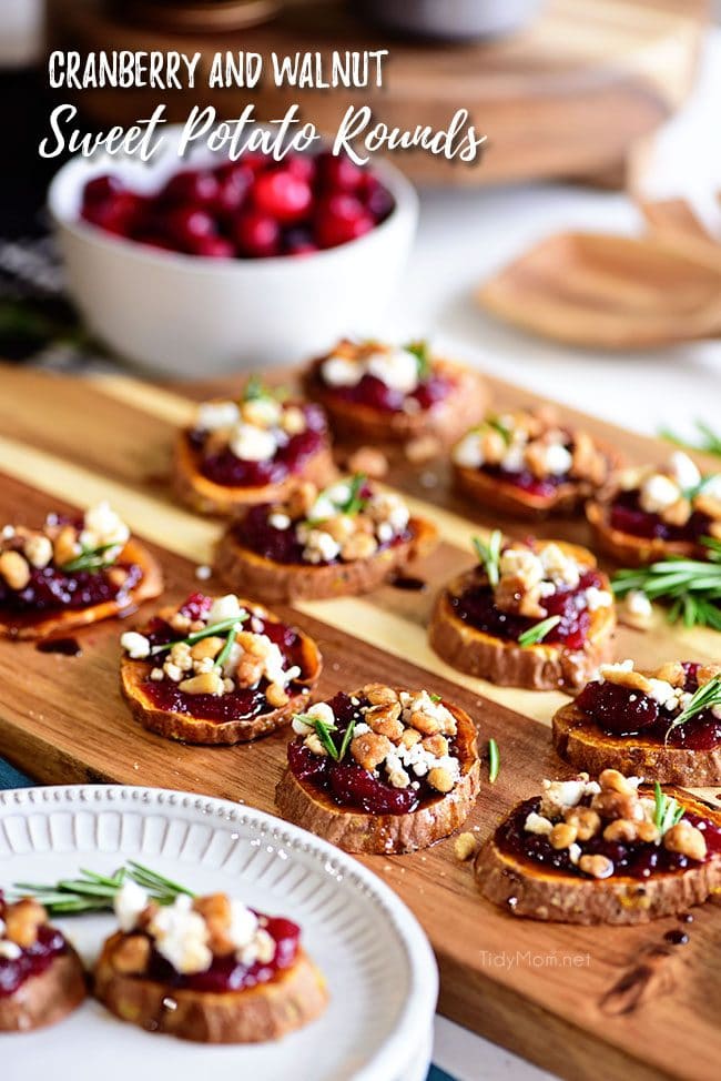 Cranberry Walnut Sweet Potato Rounds on wooden tray