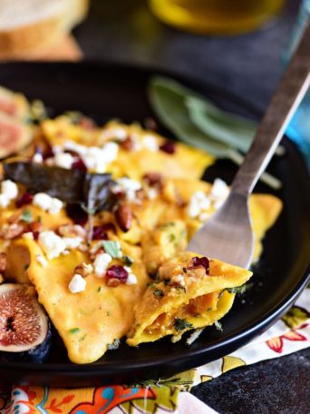 Pumpkin Alfredo sauce with butternut squash ravioli