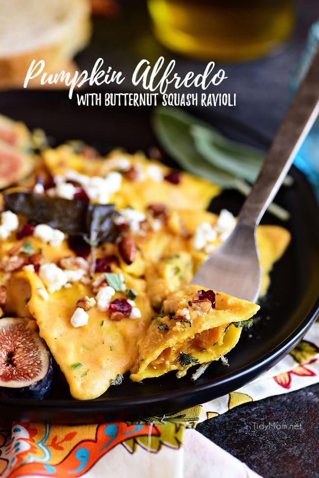 Pumpkin Alfredo with butternut squash ravioli is the epitome of fall flavors in one dish! On the table in less than 30 minutes! Print the full recipe at TidyMom.net