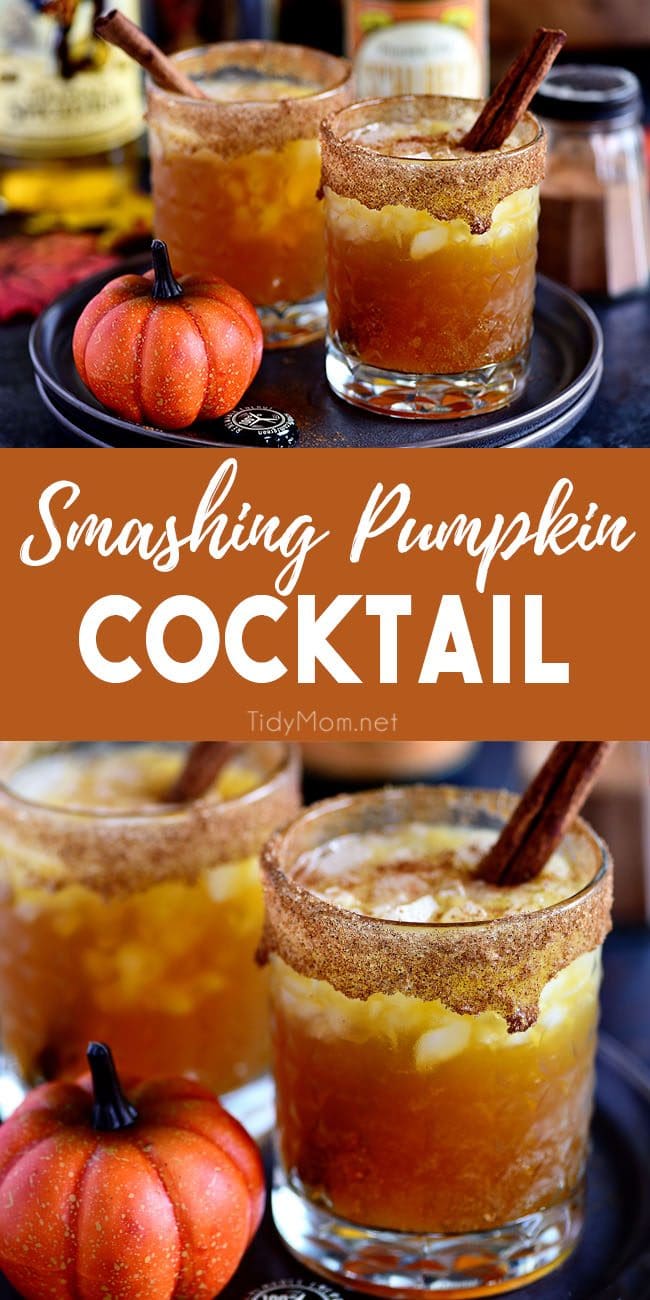 Fall spices, pumpkin ale, and equal parts spiced rum and butterscotch Schnapps makes this Smashing Pumpkin Cocktail the best thing to hit your cocktail glass this fall! Get the full recipe at TidyMom.net