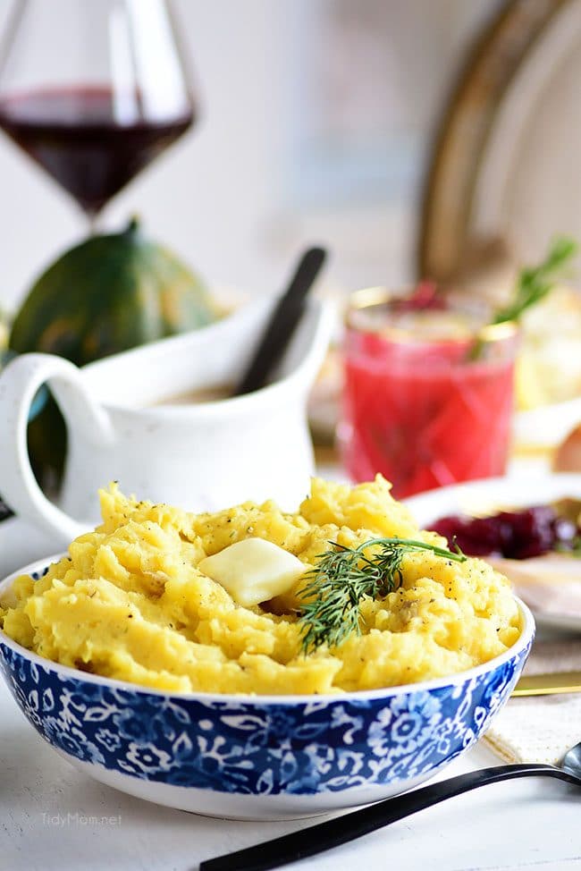 acorn squash mashed potatoes in bowl on table