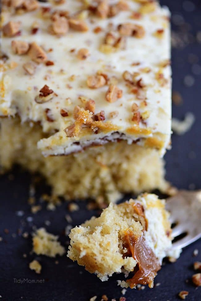 Caramel Butter Pecan Cake With Bourbon Frosting on a fork