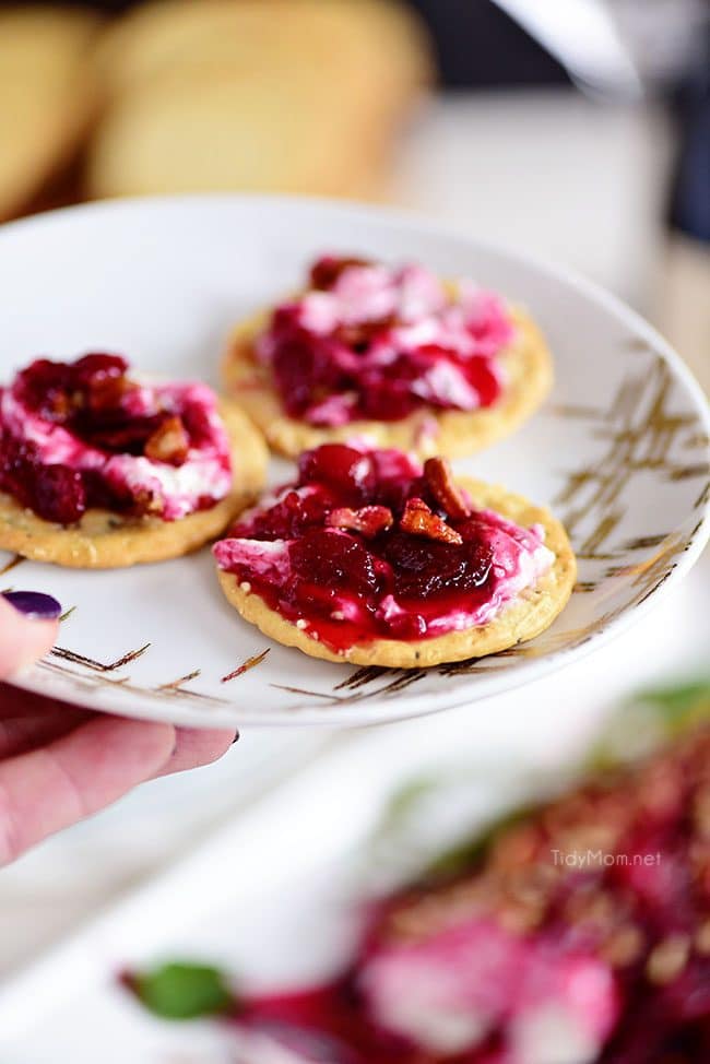 Red Wine Cranberry Cheese Log spread on crackers