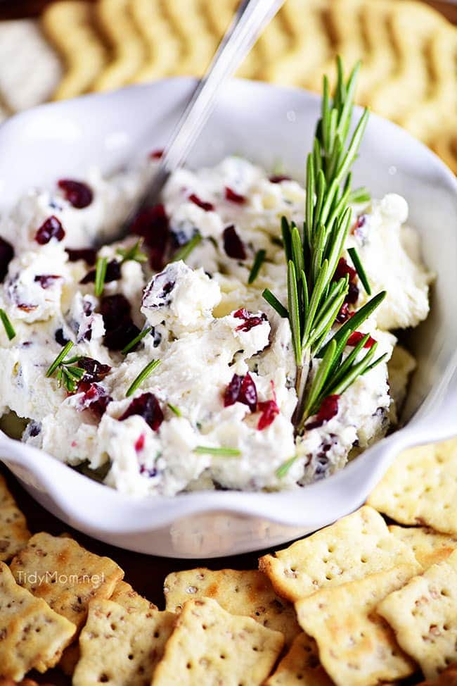 Close-up shot of creamy Cranberry Cream Cheese Dip in a stylish bowl, garnished with fresh rosemary, highlighting its luxurious texture and festive appeal