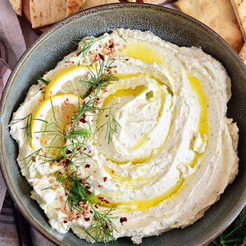 Creamy Whipped Feta with fresh herbs and homemade pita chips