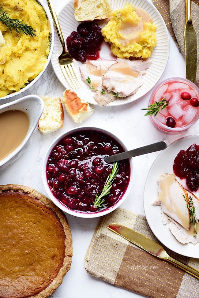 Thanksgiving table with bowl of Fresh Cranberry Sauce